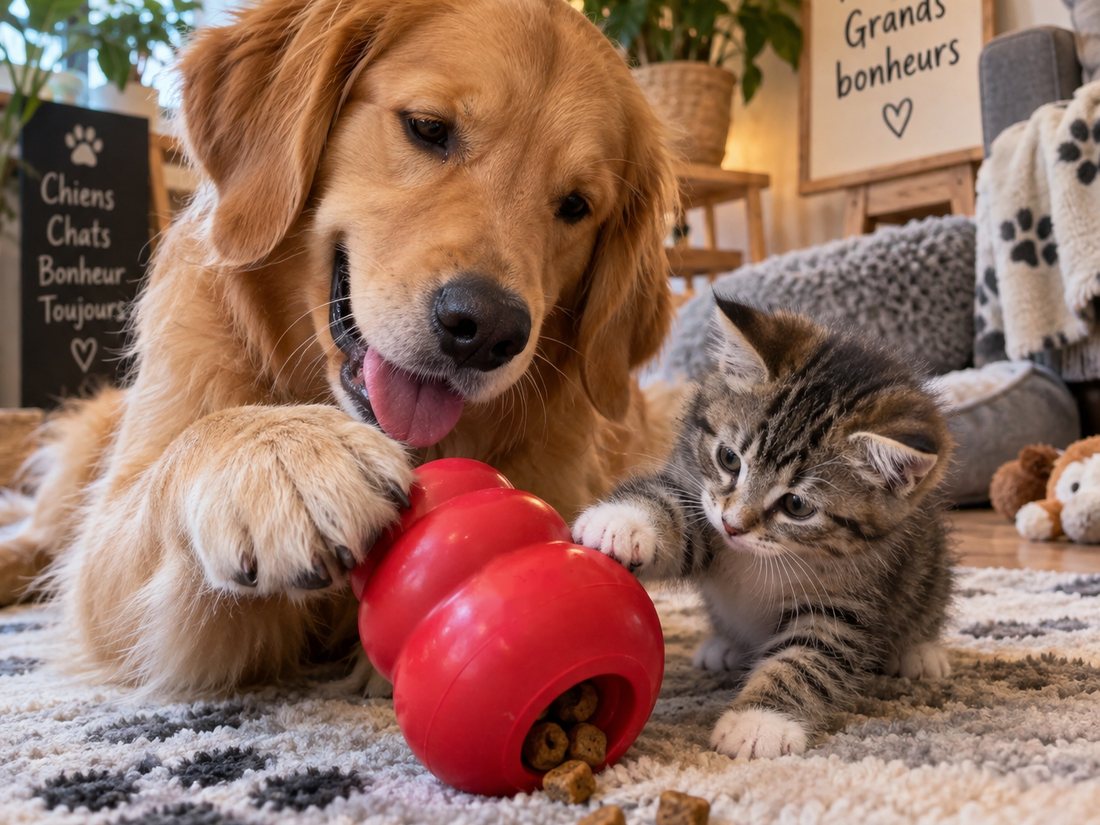 Un golden retriever et un chaton tigré jouent ensemble avec un jouet à garnir rouge d'où s'échappent des friandises.